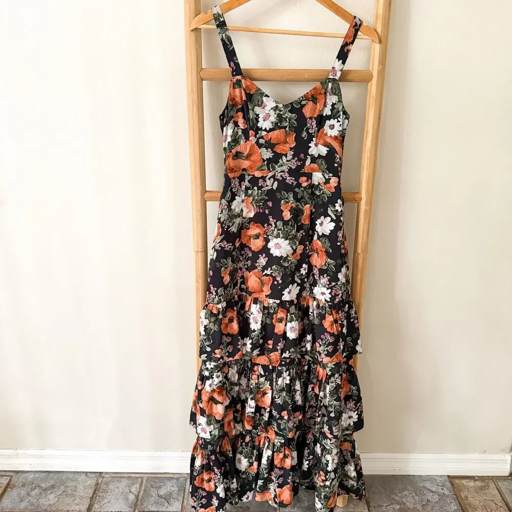 Abercrombie & Fitch Ruffle Tiered Floral Maxi Dress Black Size XS